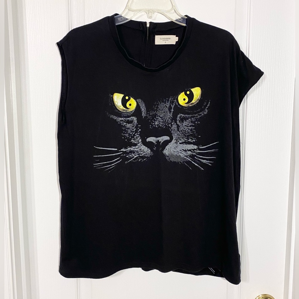 Eleven Paris CAT Face Graphic Asymmetrical Sleeve Tee Black Small